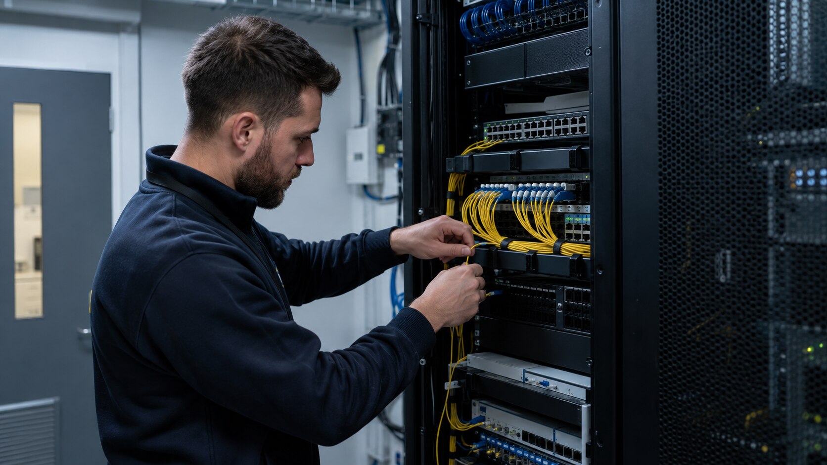 Network engineer working on high-capacity fibre and switching infrastructure