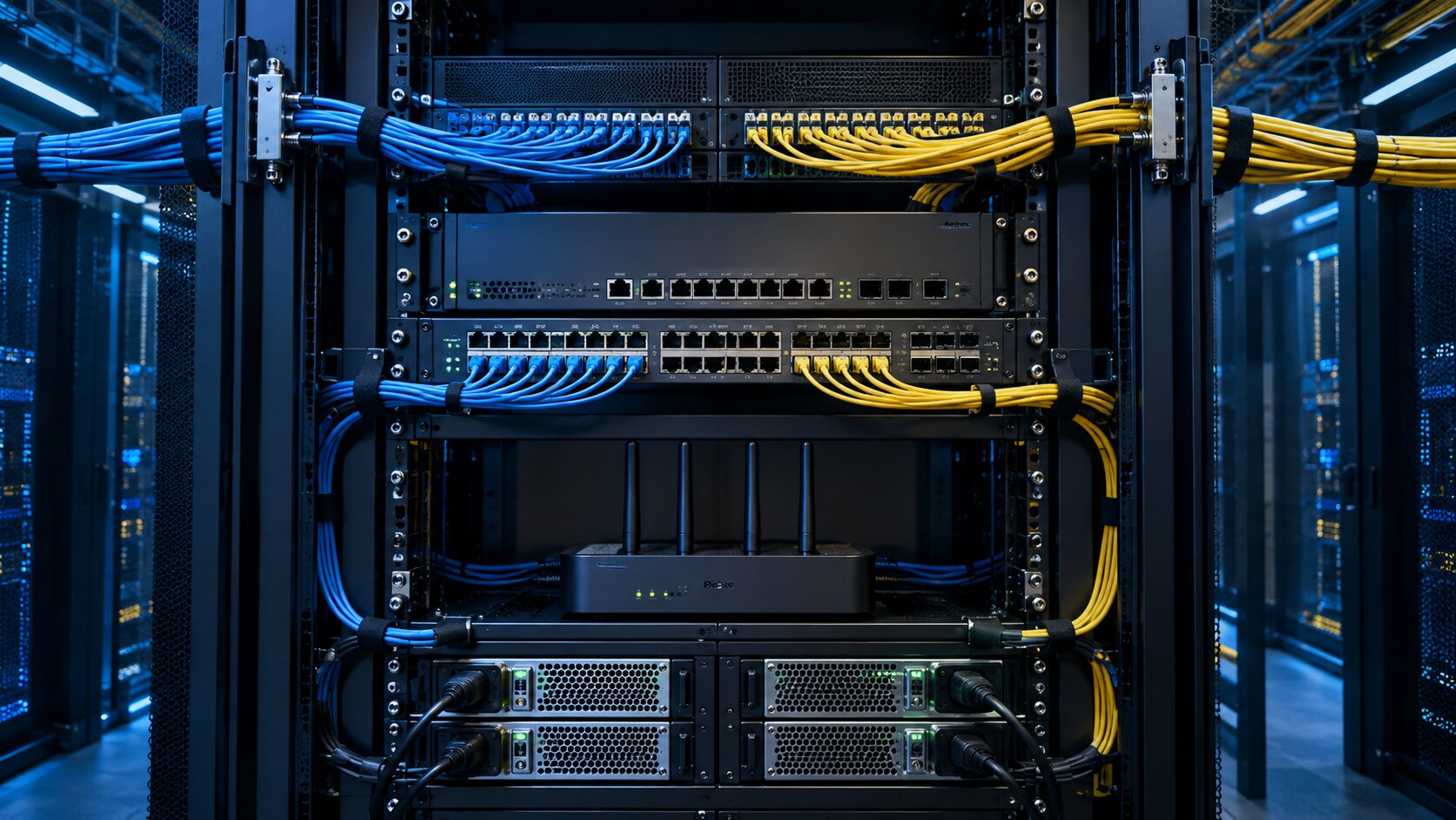 Resilient network rack with diverse fibre routes, managed switching, failover and redundant power